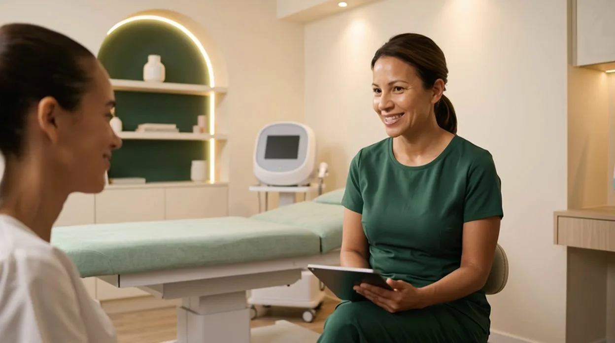 A nurse in a green uniform talking with a patient in a calm treatment room