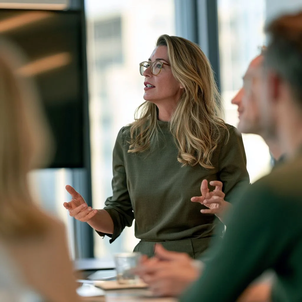 A woman in glasses speaking with colleagues in a meeting