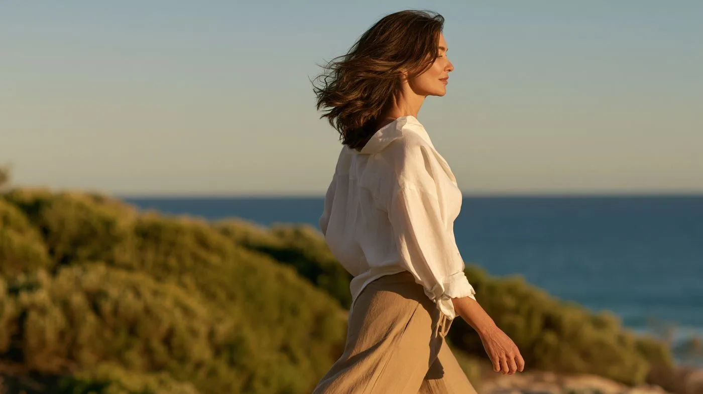 A woman walking along a coastal path in the evening sun