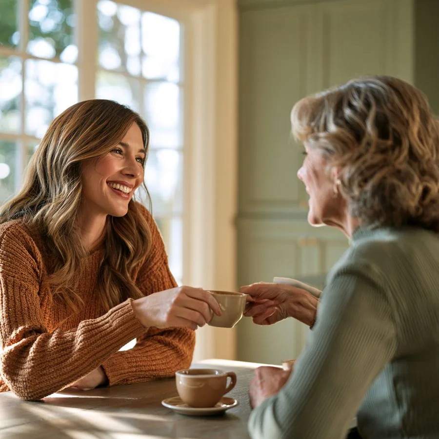Two women talking over coffee at a kitchen table