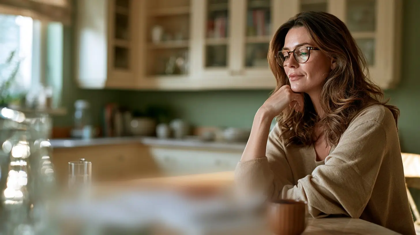 A woman in glasses sitting at her kitchen table, thinking